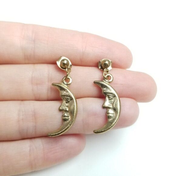 Vintage Dangle Crescent Moon Shaped Earrings, Gold Tone Drops, Estate - Picture 5 of 6